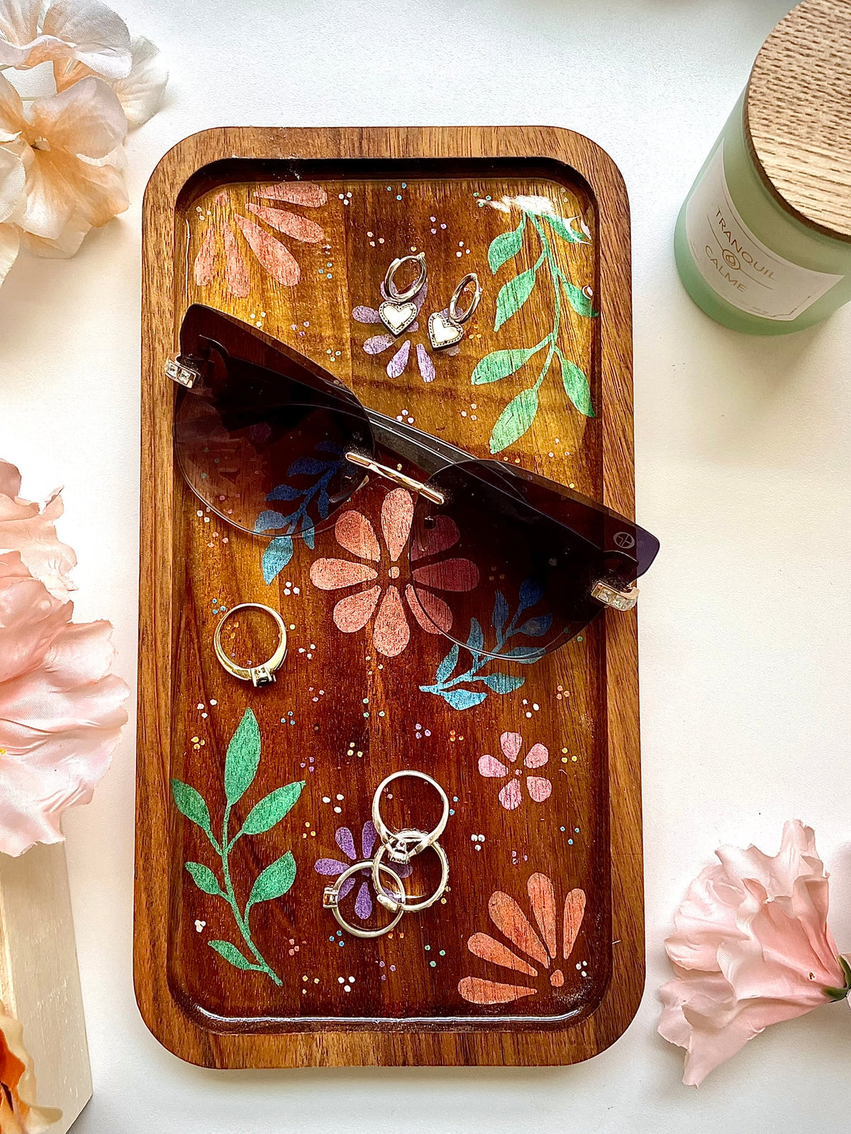 Hand Painted Floral Bamboo Catchall Tray