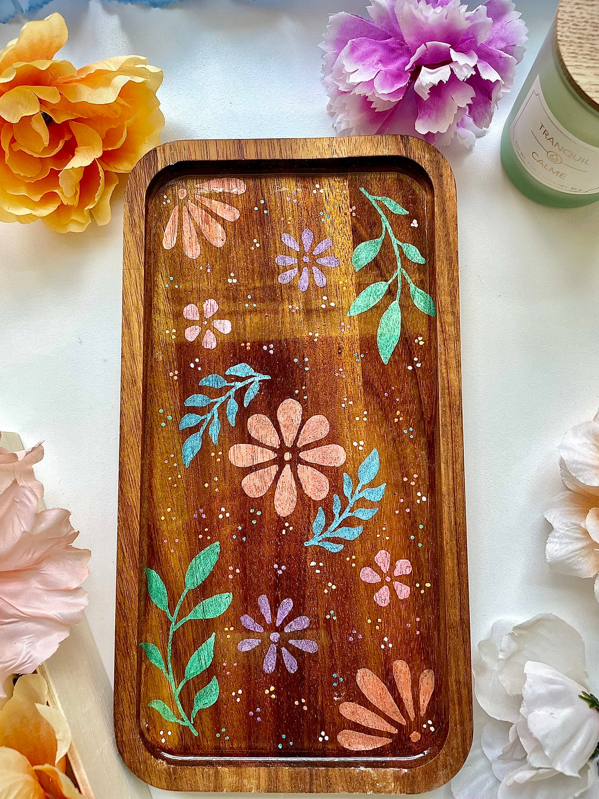 Hand Painted Floral Bamboo Catchall Tray